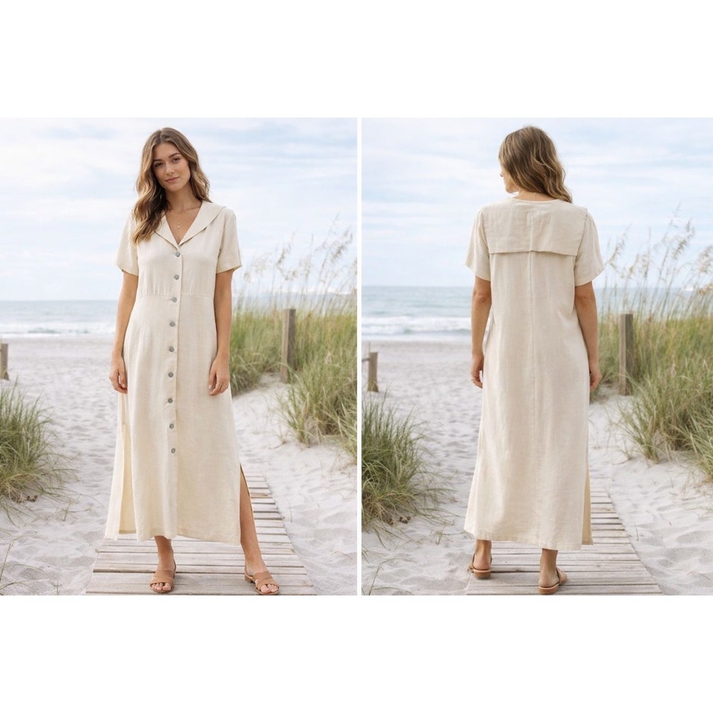 Vtg 90s Linen Blend Maxi‎ Virgo ll Cream Button Front Minimalist Slit Coastal M